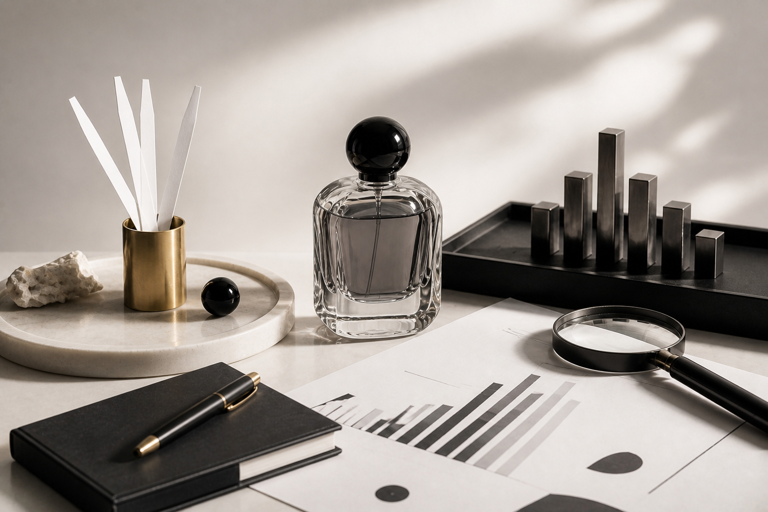 Perfume strategy desk with organic performance analytics