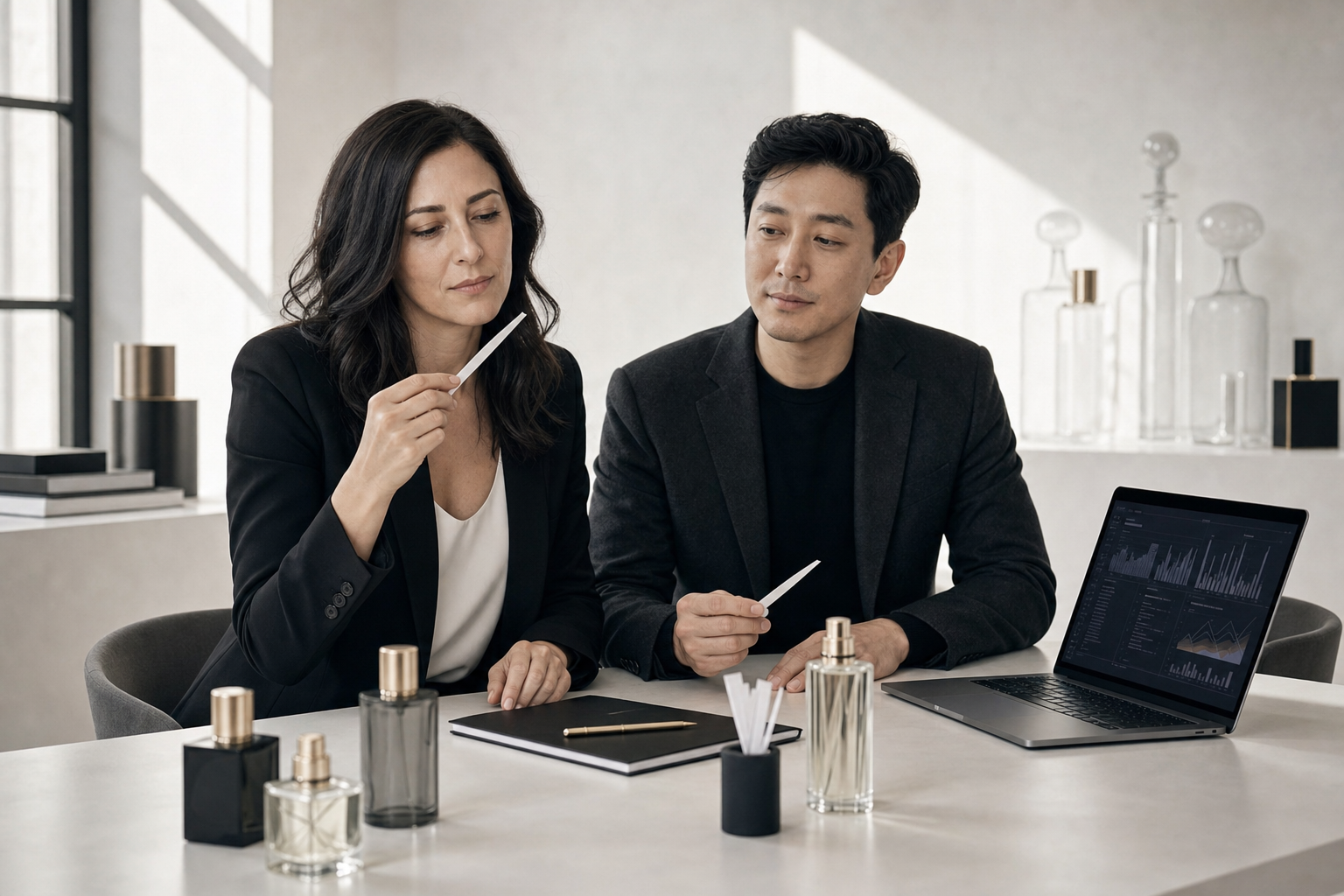ScentGrowth founders collaborating on multilingual perfume SEO in a Milan fragrance studio